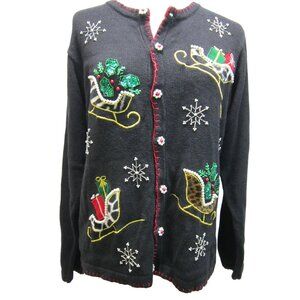 Vintage B P Design‎ Christmas Embroidered Black Cardigan Sweater Size S
